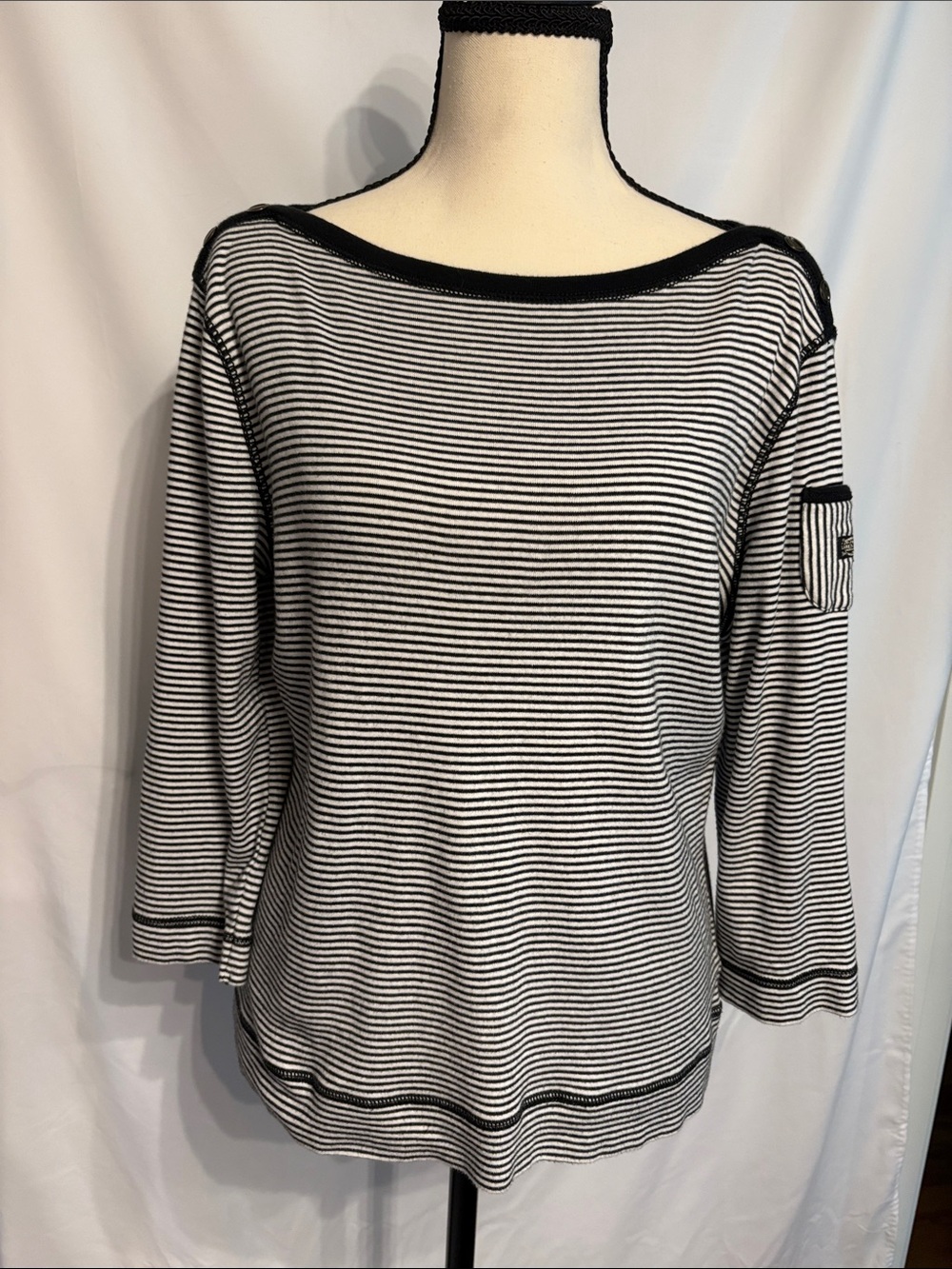 Lauren Ralph Lauren Black and White Striped Boatneck Long Sleeve Top SZ L Preppy